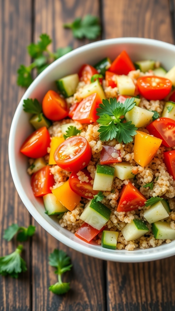 A vibrant quinoa salad with cherry tomatoes, cucumbers, bell peppers, and parsley in a bowl.